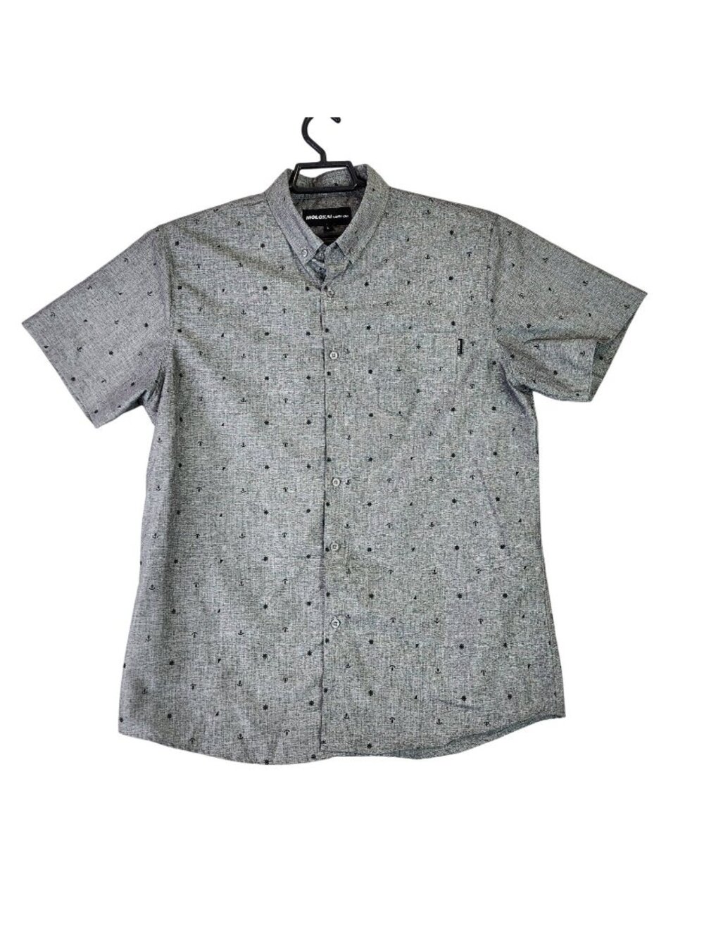 Mens Molokai Surf Co Gray Nautical Theme Button Up Shirt Short Sleeve Size L